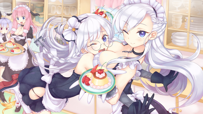 ahoge anchor_hair_ornament apple_slice apron azur_lane belfast_(azur_lane) between_breasts black_gloves blue_eyes blush bow braid breasts chain cherry cleavage collar edinburgh_(azur_lane) eyebrows_visible_through_hair finger_to_mouth food frilled_skirt frills fruit glasses gloves hair_bow hair_ornament head_between_breasts highres ka022k2 kent_(azur_lane) large_breasts lavender_hair long_hair looking_at_viewer maid maid_apron maid_headdress multiple_girls one_eye_closed open_mouth pink_hair pudding red_eyes silver_hair skirt strawberry suffolk_(azur_lane) tears tray whipped_cream white_gloves