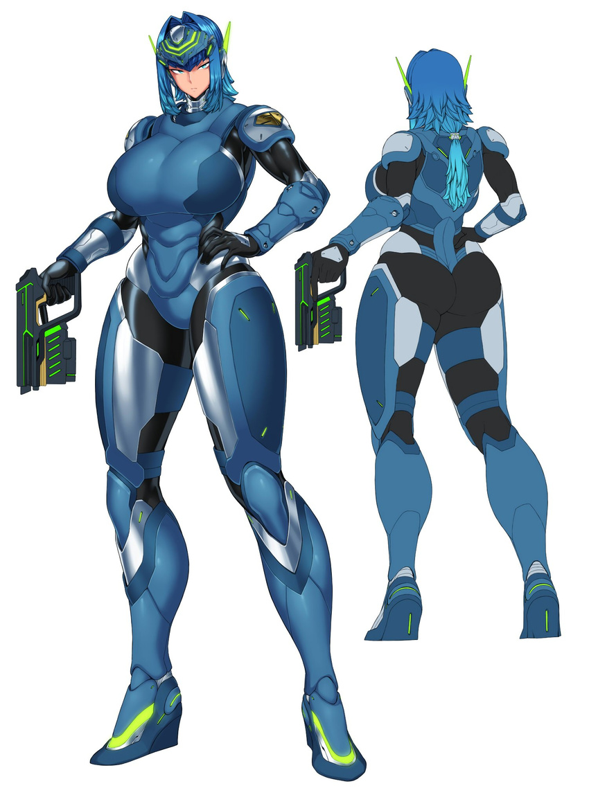 ass blue_eyes blue_hair bodysuit breasts character_sheet forehead_protector gradient_hair gun hand_on_hip highres huge_breasts long_legs low_ponytail multicolored_hair multiple_views original power_armor science_fiction space_jin thick_thighs thighs turnaround weapon wedge_heels wide_hips zoe_(space_jin)