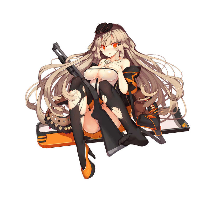 :o ahoge armpit_crease ass bag bangs belt black_hat black_legwear blush breasts buckle cleavage cross cross_necklace elbow_rest floating_hair full_body girls_frontline gun hair_between_eyes hair_ornament hairclip hand_on_own_chest hat high_heels holding holding_gun holding_weapon ithaca_m37 ithaca_m37_(girls_frontline) jacket jewelry knees_up large_breasts long_hair looking_at_viewer necklace off_shoulder official_art open_clothes open_jacket open_mouth panties pantyshot pantyshot_(sitting) paw_print_pattern platform_footwear platform_heels pleated_skirt pump_action rain_lan red_eyes shield shirt shoe_removed shoes shotgun shotgun_shells sidelocks single_shoe sitting skirt solo strap stuffed_animal stuffed_toy tearing_up tears teddy_bear thighhighs torn_clothes torn_jacket torn_legwear torn_shirt underwear weapon white_panties