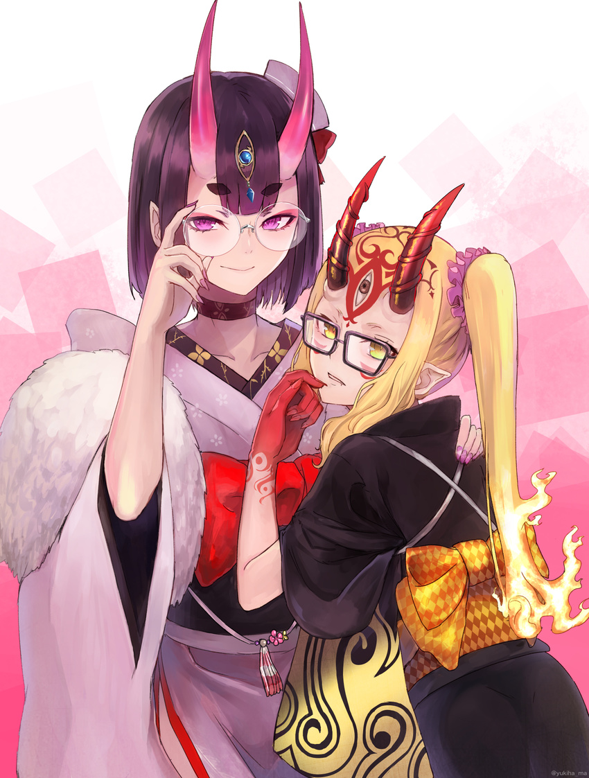 black-framed_eyewear blonde_hair blush bob_cut choker commentary_request facial_mark fang_out fate/grand_order fate_(series) fingernails glasses hair_ornament hair_scrunchie headpiece highres horns ibaraki_douji_(fate/grand_order) japanese_clothes kimono long_hair looking_at_viewer multiple_girls nail_polish obi oni oni_horns pointy_ears purple_eyes purple_hair purple_nails purple_scrunchie rimless_eyewear sash scrunchie sharp_fingernails short_eyebrows short_hair shuten_douji_(fate/grand_order) smile tattoo twintails yellow_eyes yukihama