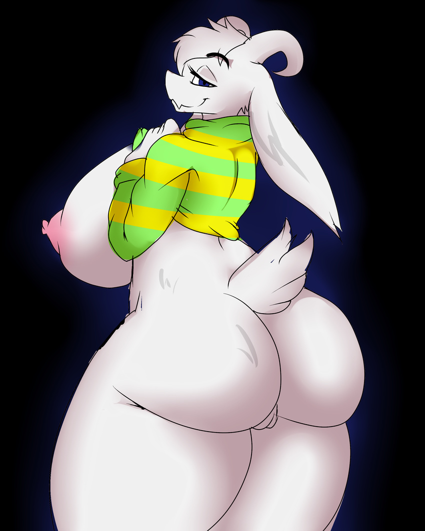 2016 anthro areola asriel_dreemurr big_breasts big_butt boss_monster breasts butt caprine crossgender erect_nipples female goat gradient_background hi_res huge_breasts huge_butt jaynatorburudragon mammal nipples pussy rear_view simple_background solo undertale video_games