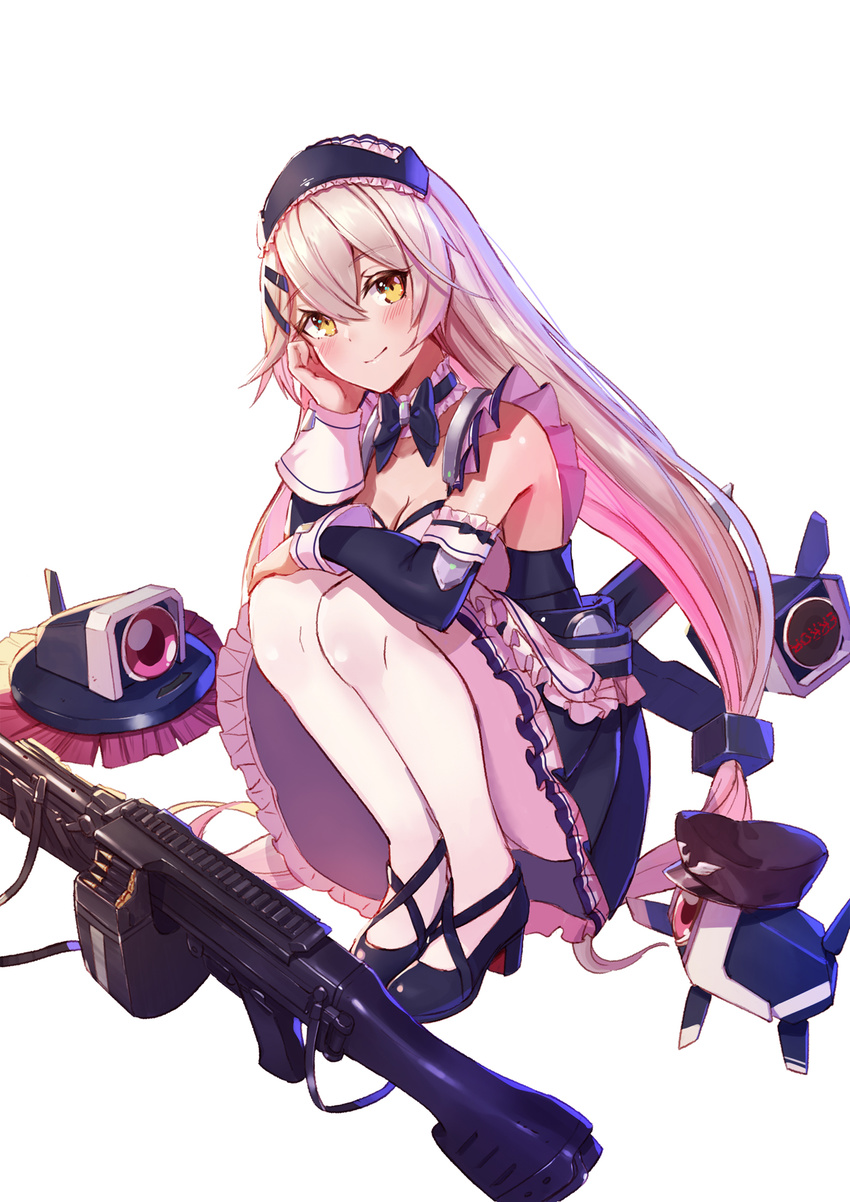 alternate_costume apron bangs black_bow black_footwear blush bow bow_choker breasts bullet character_name choker cleavage collarbone corset detached_sleeves dinergate_(girls_frontline) enmaided frilled_choker frilled_skirt frills full_body girls_frontline gun h&amp;k_mg4 hair_between_eyes hair_ornament hairclip hat head_in_hand head_tilt heckler_&amp;_koch highres long_hair looking_at_viewer low_twintails magazine_(weapon) maid maid_apron maid_headdress medium_breasts mg4_(girls_frontline) pantyhose peaked_cap ranyu shoes sidelocks silver_hair simple_background skirt smile solo squatting twintails very_long_hair weapon white_background white_legwear yellow_eyes
