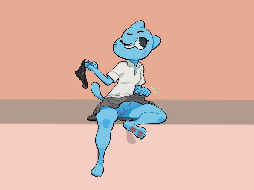 2018 3_toes 4_fingers anthro barefoot blue_fur breasts cartoon_network cat clothing digital_media_(artwork) dot_eyes exhibitionism feline female flashing fur junyois looking_aside mammal mature_female mother nicole_watterson no_underwear one_eye_closed panties parent playful presenting presenting_pussy pubes pussy raised_skirt simple_background sitting solo spread_legs spreading the_amazing_world_of_gumball toes underwear upskirt whiskers wink