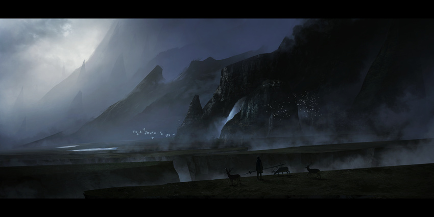 ambiguous_gender asuteroid bad_id bad_pixiv_id bird canyon commentary_request dark deer facing_away fantasy flock fog from_behind highres holding holding_weapon lance mountain original outdoors polearm scenery solo standing weapon