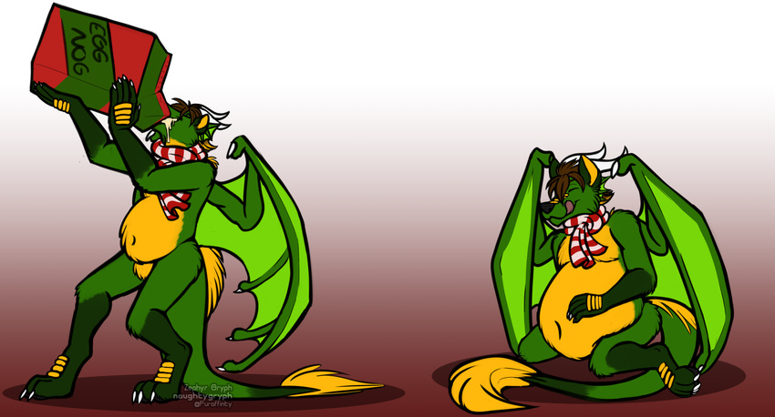 2017 anthro belly beverage big_belly canine chugging claws clothing digital_drawing_(artwork) digital_media_(artwork) digitigrade dragon drink_inflation drinking eggnog eyes_closed food fur hair hand_on_stomach happy hi_res horn invalid_tag liquid_inflation male mammal naughtygryph nude overweight rubbing_belly scarf simple_background sitting smile solo standing swallowing tail_fluff wings