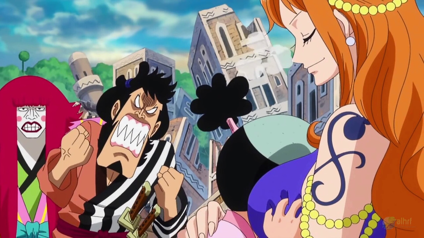 1girl 3boys age_difference breast_smother breasts cleavage dress kinemon large_breasts long_hair momonosuke_(one_piece) multiple_boys nami_(one_piece) one_piece orange_hair screencap smile