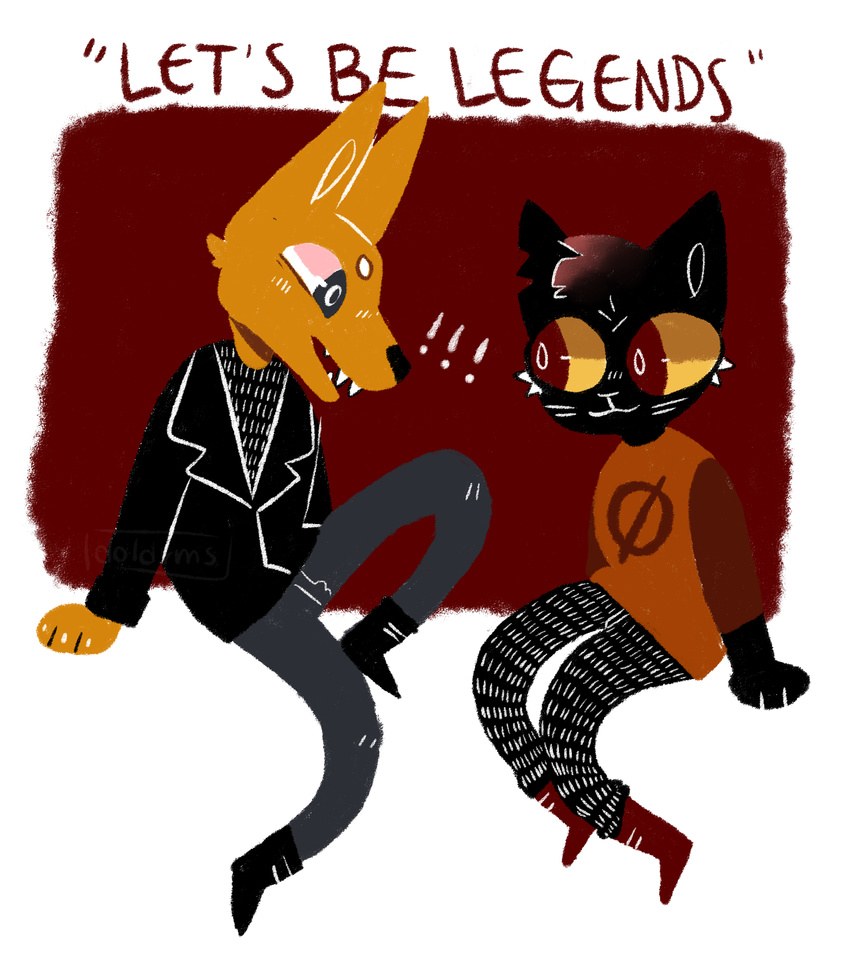 ! 2017 anthro black_eyes black_fur boots canine cat clothed clothing digital_media_(artwork) doldrms duo english_text feline footwear fox fur gregg_(nitw) hi_res jacket leather leather_jacket mae_(nitw) mammal night_in_the_woods orange_fur red_eyes simple_background sitting text watermark yellow_sclera
