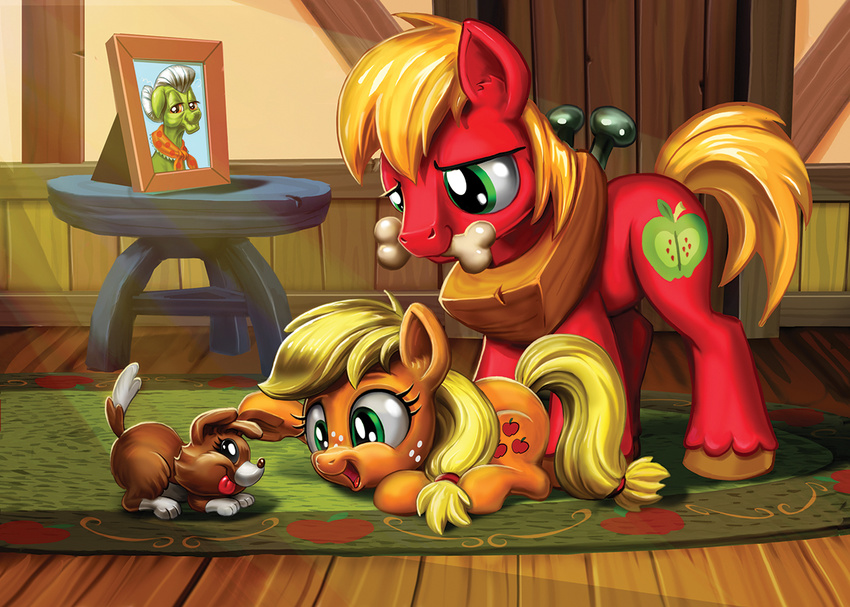 applejack_(mlp) big_macintosh_(mlp) blonde_hair bone brother brother_and_sister canine cutie_mark digital_media_(artwork) dog earth_pony equine female feral freckles friendship_is_magic granny_smith_(mlp) green_eyes group hair harwick horse inside male mammal my_little_pony open_mouth pony sibling sister winona_(mlp) young