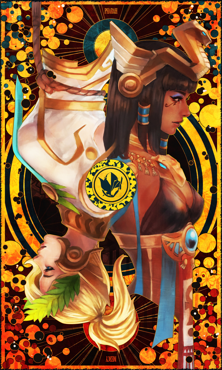 absurdres adapted_costume alternate_costume asp_pharah black_hair blonde_hair breasts cleavage commentary dark_skin egyptian_clothes facial_tattoo highres medium_breasts mercy_(overwatch) monori_rogue multiple_girls overwatch pharah_(overwatch) smile tattoo tiara winged_victory_mercy