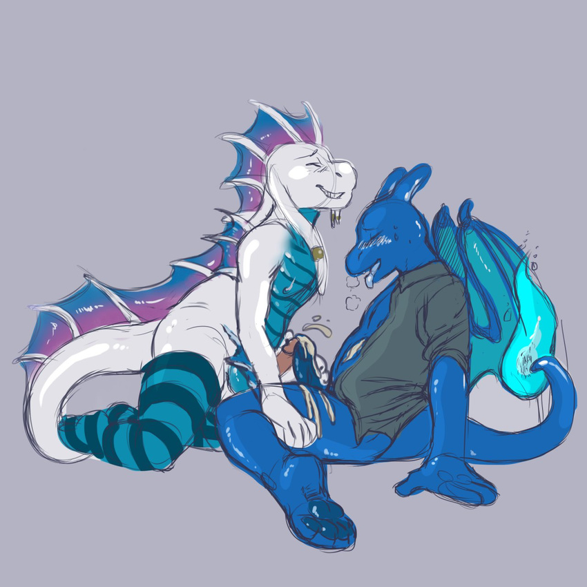 2013 alternate_color anthro balls blue_pawpads blue_penis blue_tongue blush bottomless charizard charryzarry clothed clothing cum cumshot digital_drawing_(artwork) digital_media_(artwork) dragon duo ejaculation eyes_closed fire flaming_tail floebean frottage hi_res hindpaw legwear male male/male membranous_wings nintendo nipples nude open_mouth orgasm pawpads paws penis pink_penis pok&eacute;mon pok&eacute;mon_(species) scalie sex simple_background smile striped_legwear striped_thigh_highs stripes teeth thigh_highs tongue tongue_out video_games wings