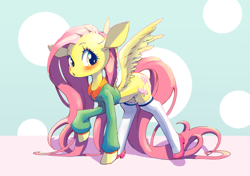 2017 blush bottomless clothed clothing conbudou cute cutie_mark dotted_background equine eyebrows eyelashes feathered_wings feathers female fluttershy_(mlp) footwear friendship_is_magic full-length_portrait hair hi_res high_heels legwear long_hair looking_at_viewer makeup mammal mascara my_little_pony open_mouth pattern_background pegasus pink_hair portrait shadow shirt shoes simple_background socks solo standing teal_background teal_eyes thigh_highs wings