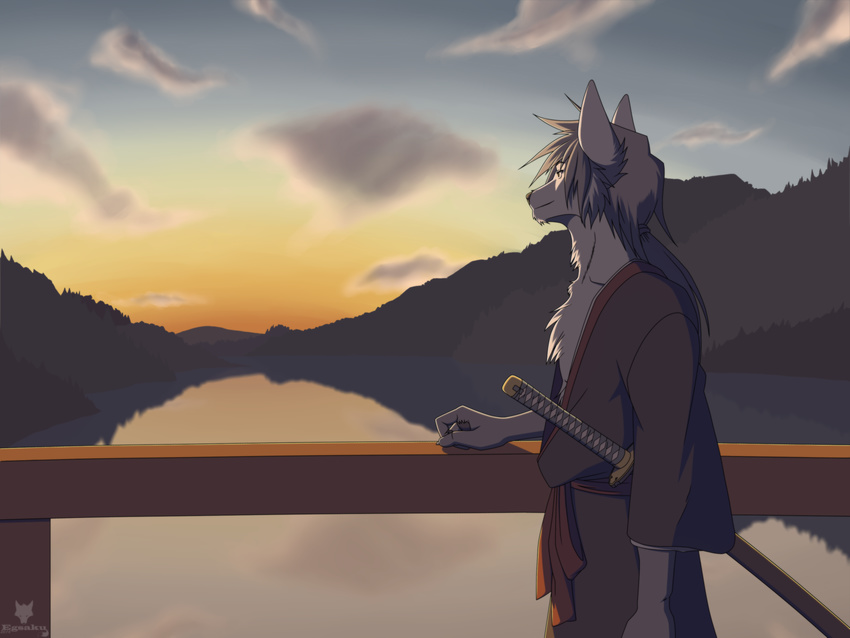 2016 5_fingers anthro black_nose canine cloud day detailed_background egsaku fur grey_fur grey_hair hair hi_res japan katana lake male mammal melee_weapon morning side_view sky smile solo standing sword water weapon wolf