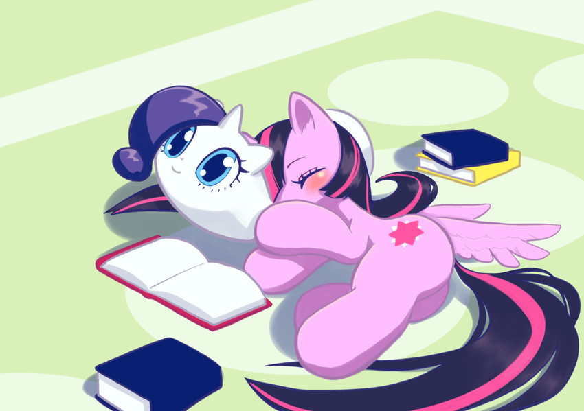 2018 blue_eyes blush body_pillow book chibi conbudou cushion cute cutie_mark dotted_background equine eyebrows eyelashes eyes_closed feathered_wings feathers female friendship_is_magic full-length_portrait green_background hair horn lying makeup mammal mascara multicolored_hair my_little_pony nude on_side pattern_background pillow portrait purple_hair rarity_(mlp) shadow simple_background sleeping smile solo twilight_sparkle_(mlp) two_tone_hair winged_unicorn wings