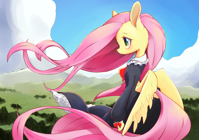 2017 blush bow clothed clothing cloud conbudou cute detailed_background dress equine eyebrows eyelashes feathered_wings feathers female fluttershy_(mlp) friendship_is_magic fully_clothed hair hi_res long_hair makeup mammal mascara mountain my_little_pony outside pegasus pink_hair portrait ribbons sky solo standing teal_eyes three-quarter_portrait tree wings