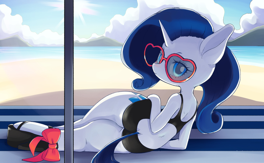 &lt;3 2017 beach blue_eyes blue_hair blush bow butt clothing cloud cloudscape conbudou cute cutie_mark equine eyebrows eyelashes eyewear female footwear friendship_is_magic full-length_portrait glasses hair hi_res horn looking_at_viewer looking_back lying makeup mammal mascara my_little_pony on_side one-piece_swimsuit pole portrait rarity_(mlp) ribbons sea seaside shadow shoes sky solo stripes sun swimsuit thick_thighs towel umbrella unicorn water