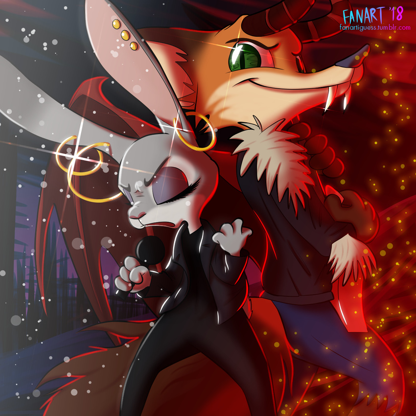 2018 anthro canine clothed clothing demon disney duo ear_piercing embers eyeshadow fanartiguess fangs female fox green_eyes guitar holding_object horn judy_hopps lagomorph lens_flare looking_at_viewer makeup male mammal membranous_wings microphone musical_instrument nick_wilde piercing playing_guitar playing_music rabbit signature slit_pupils standing url wings zootopia