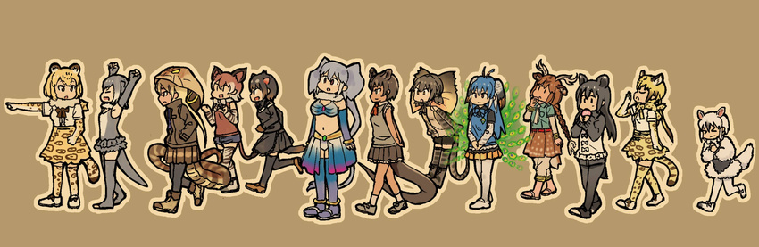 &gt;_&lt; animal_ears anteater_ears anteater_tail antlers apron axis_deer_(kemono_friends) bare_shoulders belt black_clothes black_legwear black_skirt boots bow bowtie bracelet braid capri_pants closed_eyes deer_ears deer_tail eating elephant_ears elephant_tail fingerless_gloves food fossa_(kemono_friends) fossa_ears fossa_tail frilled_lizard_(kemono_friends) fur_collar gloves hand_on_own_chin hand_up hands_in_pockets hands_on_own_chest hands_together highres hood hoodie indian_elephant_(kemono_friends) jaguar_(kemono_friends) jaguar_ears jaguar_tail japari_bun jewelry kemono_friends king_cobra_(kemono_friends) lineup lizard_tail long_sleeves malayan_tapir_(kemono_friends) midriff multicolored multicolored_clothes multicolored_hair multicolored_skirt multiple_girls necktie ocelot_(kemono_friends) ocelot_ears ocelot_print ocelot_tail okapi_(kemono_friends) okapi_ears okapi_tail one-piece_swimsuit open_mouth otter_ears otter_tail ouka_(yama) pants peacock_feathers peafowl_(kemono_friends) pointing running sandals shorts simple_background skirt small-clawed_otter_(kemono_friends) snake_tail socks southern_tamandua_(kemono_friends) swimsuit tail tapir_ears tapir_tail tasmanian_devil_(kemono_friends) tasmanian_devil_ears tasmanian_devil_tail thighhighs toeless_legwear tusks vest vest_over_shirt walking yawning