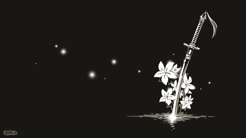 flower greyscale highres kaigetsudo katana lily_(flower) monochrome nier_(series) nier_automata no_humans planted_sword planted_weapon sword virtuous_contract wallpaper weapon