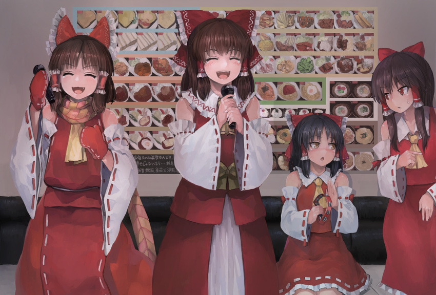black_hair blush bow brown_eyes brown_hair closed_eyes closed_mouth cookie_(touhou) couch detached_sleeves hair_bow hair_tubes hakurei_reimu holding holding_microphone ichiba_youichi instrument kanna_(cookie) long_hair looking_at_another medium_hair microphone open_mouth parted_lips red_bow reu sananana short_hair sitting smile syamu_game tambourine touhou