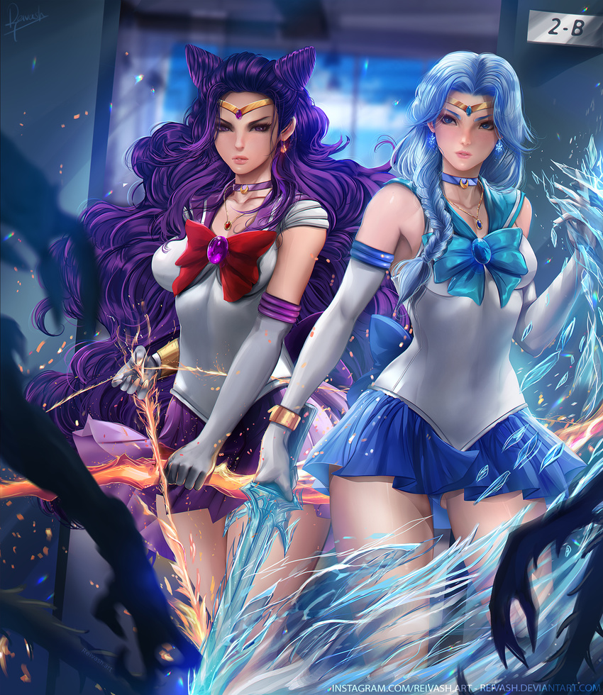 armlet armpits arrow ass_visible_through_thighs beruche_(sailor_moon) bishoujo_senshi_sailor_moon black_moon_clan blue_eyes blue_hair blurry blurry_background bow bow_(weapon) bracelet braid breasts collar collarbone commentary cowboy_shot crystal_sword diadem earrings elbow_gloves fantasy gloves hair_ears highres holding holding_weapon indoors javier_estrada jewelry koan_(sailor_moon) long_hair looking_at_viewer multiple_girls necklace pleated_skirt purple_eyes purple_hair sailor_collar sailor_senshi_costume sailor_senshi_uniform skirt standing sword thighs weapon white_gloves window