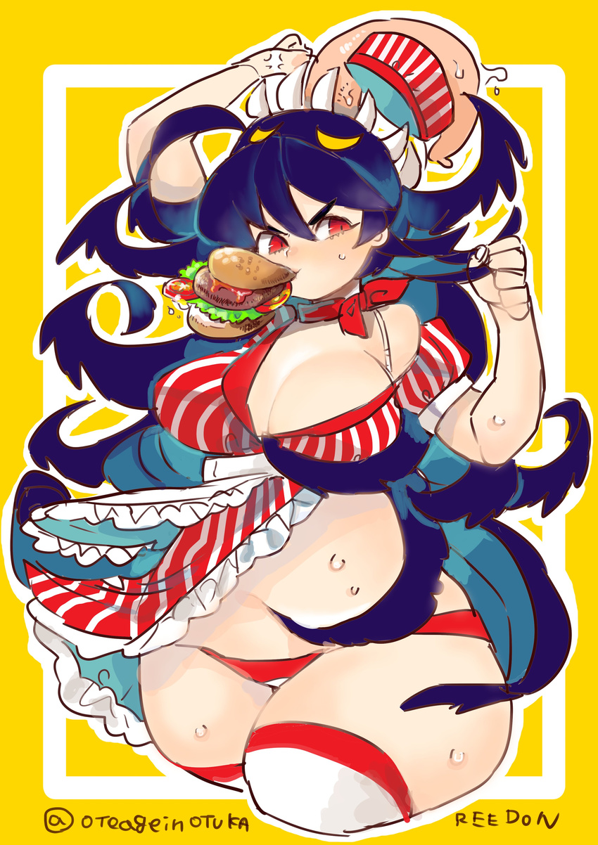 absurdres apron black_hair bra_strap breasts cleavage commentary_request dress filia_(skullgirls) food food_in_mouth frills hamburger hat highres koura_higure large_breasts off_shoulder panties pinstripe_pattern puffy_short_sleeves puffy_sleeves red_eyes samson_(skullgirls) short_sleeves skullgirls striped thick_thighs thighhighs thighs tongue tongue_out twitter_username underwear