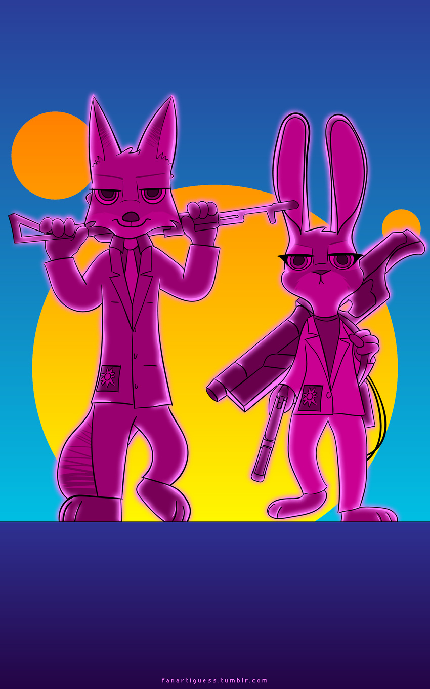 2016 anthro badge barefoot canine clothed clothing disney duo fanartiguess female fox front_view gun half-closed_eyes handgun holding_object holding_weapon judy_hopps lagomorph long_ears looking_at_viewer male mammal necktie nick_wilde poster rabbit ranged_weapon rifle shoulder_bag suit sun url walking weapon zootopia