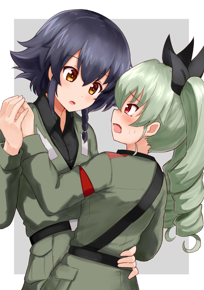 anchovy anzio_military_uniform arm_around_waist bangs belt black_belt black_hair black_ribbon black_shirt blush braid brown_eyes commentary dress_shirt drill_hair eyebrows_visible_through_hair girls_und_panzer green_hair grey_background grey_jacket hair_ribbon highres holding_hands jacket long_hair long_sleeves looking_at_another military military_uniform multiple_girls okitsugu open_mouth outside_border parted_lips pepperoni_(girls_und_panzer) red_eyes ribbon sam_browne_belt shirt short_hair side_braid standing sweatdrop twin_drills twintails uniform upper_body