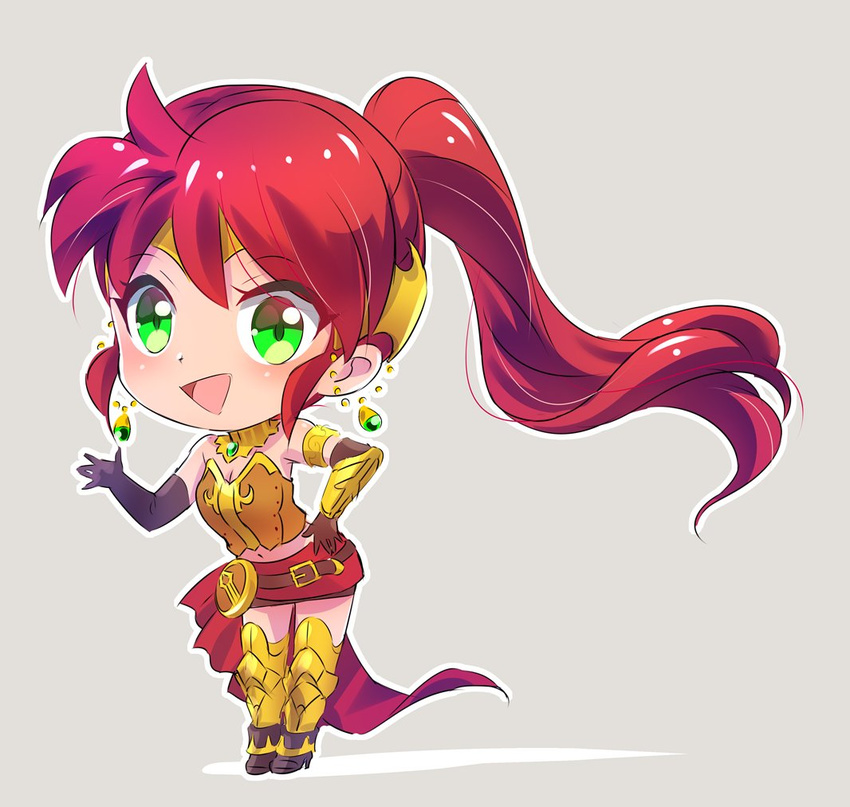 breasts chibi cleavage green_eyes iesupa long_hair navel pyrrha_nikos red_hair rwby rwby_chibi solo waving