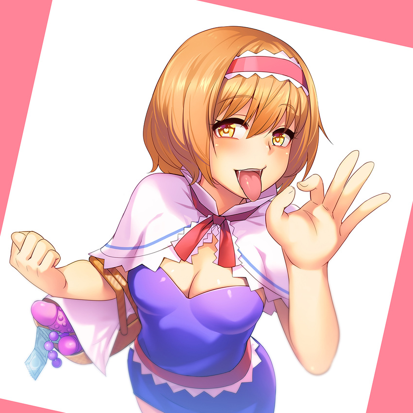 alice_margatroid anal_beads basket blush breasts brown_eyes brown_hair cleavage condom condom_wrapper cookie_(touhou) dildo fig_sign hairband hand_gesture heart heart-shaped_pupils hinase_(cookie) large_breasts looking_at_viewer open_mouth oral_invitation pink_hairband sex_toy short_hair smile solo symbol-shaped_pupils tarmo tongue tongue_out touhou