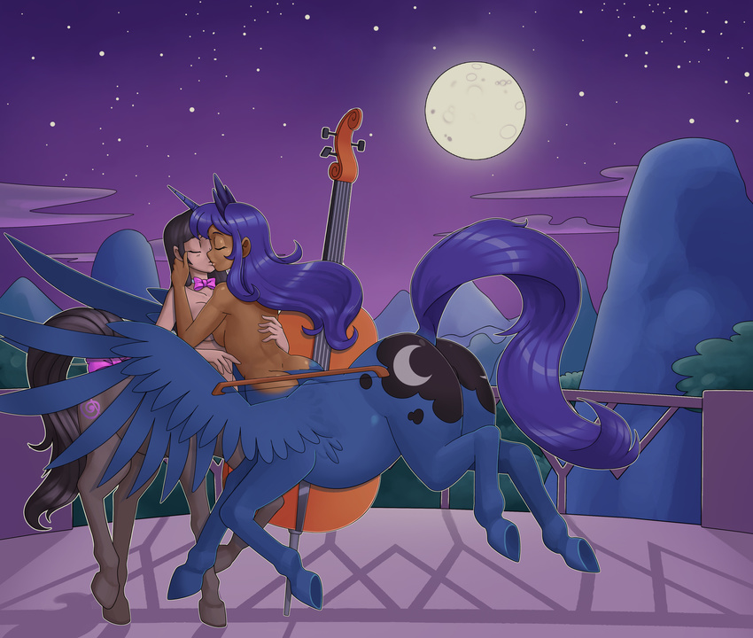 2018 balcony blue_feathers breast_squish breasts breasts_frottage butt cello cutie_mark digital_media_(artwork) duo equine equine_taur eyes_closed feathered_wings feathers female female/female friendship_is_magic full_moon hair hooves kissing long_hair mammal moon musical_instrument my_little_pony nauthleroy night octavia_(mlp) outside princess_luna_(mlp) ribbons tail_bow tail_ribbon taur wings