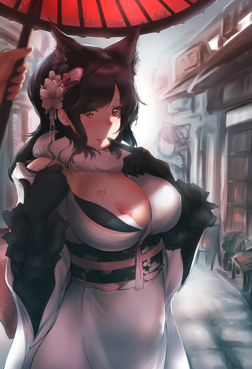 2girls alley animal_ears areolae atago_(azur_lane) azur_lane bad_id bad_pixiv_id bangs black_gloves black_hair breasts daisufuumi eyebrows_visible_through_hair finger_to_mouth flower gloves hair_flower hair_ornament heart highres index_finger_raised japanese_clothes kimono large_breasts long_hair looking_at_viewer multiple_girls nipple_slip nipples obi parted_bangs sash scarf solo_focus umbrella undressing white_kimono wide_sleeves