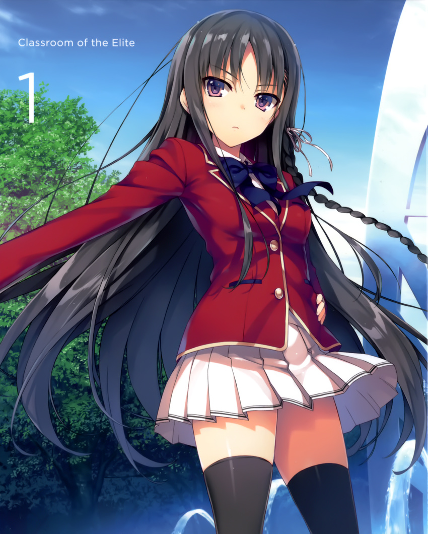 bangs black_hair black_legwear blazer bow bowtie braid breasts buttons day eyebrows_visible_through_hair hand_on_hip highres horikita_suzune jacket long_hair long_sleeves medium_breasts official_art outdoors pleated_skirt purple_eyes school_uniform serious skirt solo thighhighs tomose_shunsaku tree water youkoso_jitsuryoku_shijou_shugi_no_kyoushitsu_e zettai_ryouiki