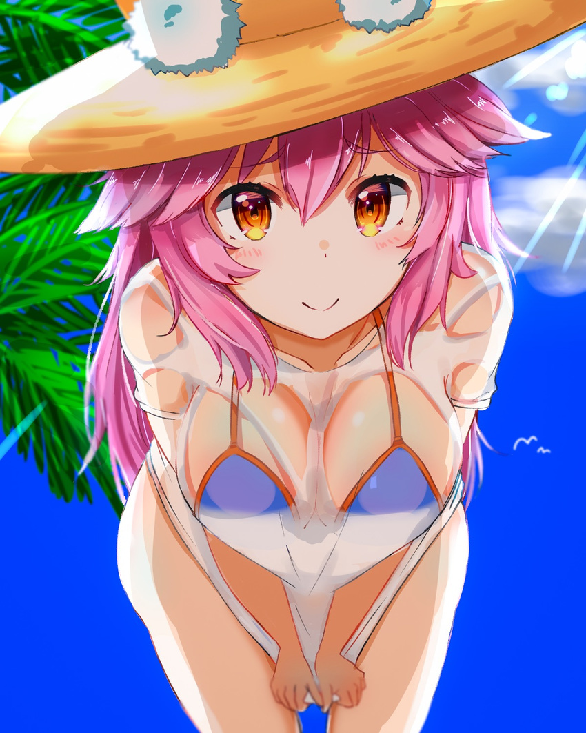 animal_ears bikini bikini_under_clothes blue_bikini breasts closed_mouth commentary_request ears_through_headwear fate/extra fate/grand_order fate_(series) fox_ears fox_tail hat highres large_breasts long_hair looking_at_viewer minami_osu pink_hair shirt side-tie_bikini smile solo straw_hat summer sun_hat swimsuit tail tamamo_(fate)_(all) tamamo_no_mae_(swimsuit_lancer)_(fate) wet wet_clothes wet_shirt wet_t-shirt yellow_eyes