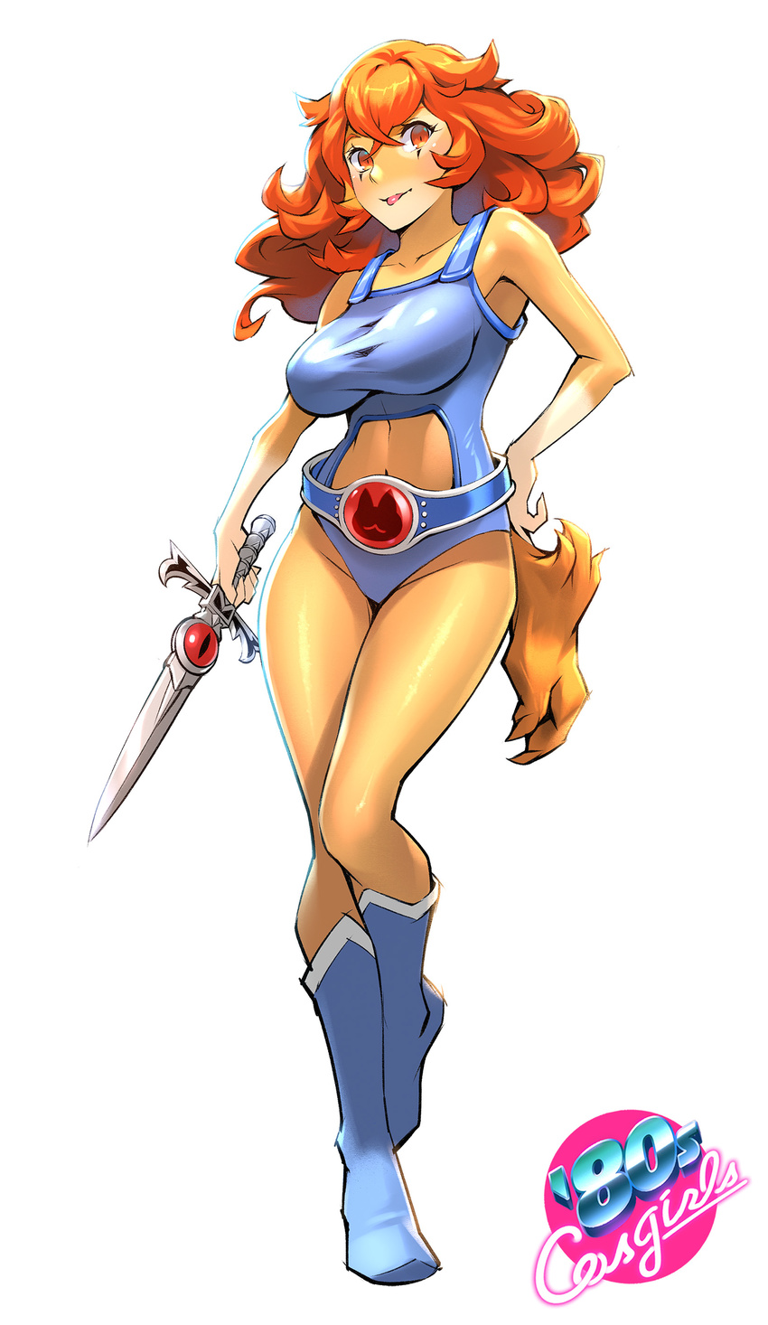 80s absurdres belt boots breasts full_body genderswap genderswap_(mtf) hand_on_hip highres large_breasts leotard lion-o looking_at_viewer oldschool one3four! short_sword simple_background solo sword tail thundercats tongue tongue_out weapon