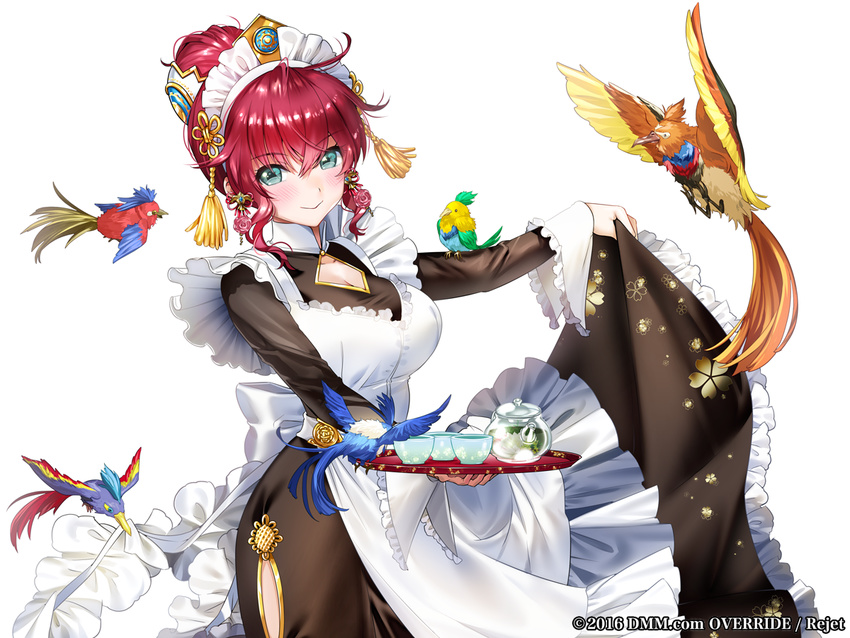 1girl animal apron bangs bird blue_eyes blush breasts chinese_clothes chinese_dress cleavage cleavage_cutout dress dress_lift drink earrings eyebrows_visible_through_hair flower_earrings green_eyes hair_bun hair_over_eyes headdress high_collar holding holding_tray icchi_banketsu jewelry looking_at_viewer maid maid_apron maid_headdress official_art ogino_atsuki red_hair skirt_lift solo suzaku_(icchi_banketsu) teapot tiara tray white
