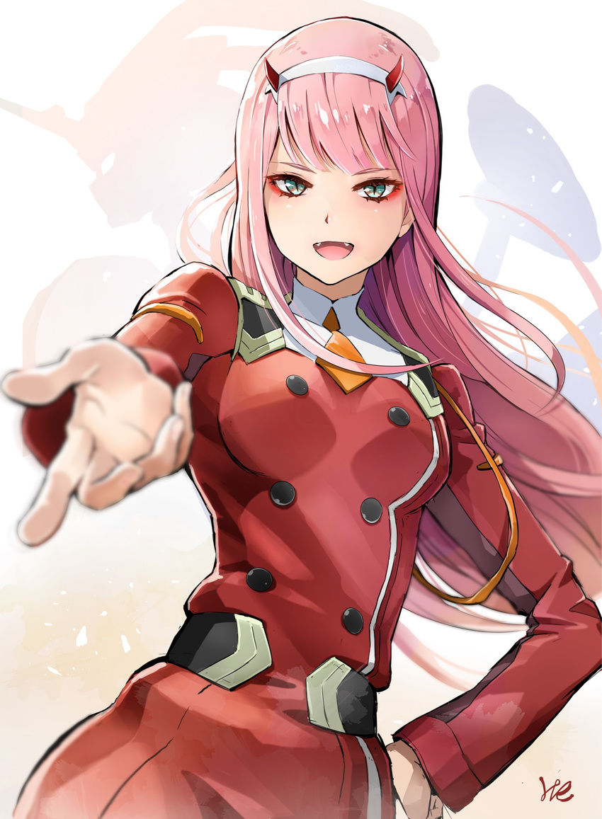 :d bad_id bad_pixiv_id bangs blunt_bangs blurry blurry_foreground breasts commentary_request darling_in_the_franxx depth_of_field eyeshadow fangs green_eyes hairband hand_on_hip highres horns hoshizaki_reita jacket long_hair long_sleeves looking_at_viewer makeup medium_breasts necktie open_mouth orange_neckwear pink_hair reaching_out red_jacket shirt signature smile solo standing upper_body white_shirt zero_two_(darling_in_the_franxx)