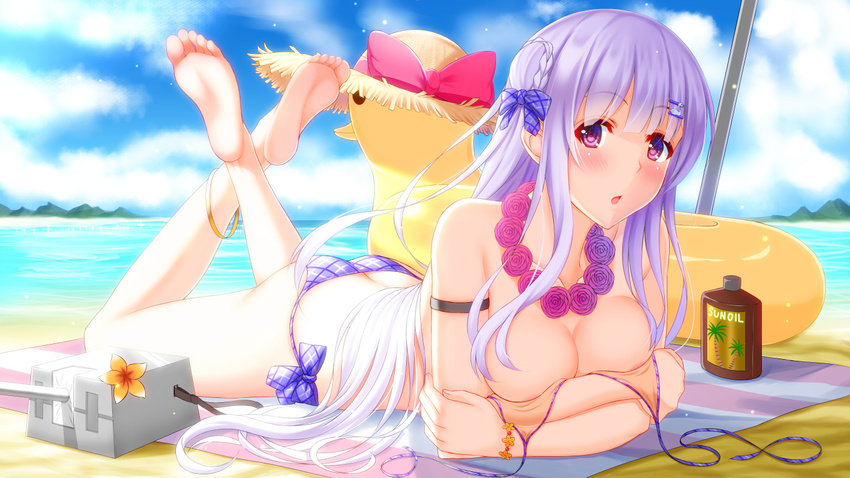 areola_slip areolae ass azur_lane bangle bangs bare_shoulders barefoot beach beach_mat beach_umbrella bikini blue_bikini blue_ribbon blurry blush bokeh bracelet braid braided_bun breasts butt_crack chestnut_mouth cloud collarbone commentary_request covering covering_breasts crossed_ankles cygnet_(azur_lane) day depth_of_field eyebrows_visible_through_hair feet flower flower_bracelet flower_necklace hair_bun hair_ornament hair_ribbon hairclip hat innertube jewelry large_breasts lavender_hair legs_up long_hair looking_at_viewer lotion lying necklace ocean on_stomach outdoors palm_tree_print parted_lips pink_eyes plaid plaid_bikini red_ribbon ribbon sand shirouzu_myuuta side-tie_bikini sidelocks sky soles solo straw_hat sun_hat sunlight sunscreen swimsuit tareme the_pose turret umbrella untied untied_bikini very_long_hair