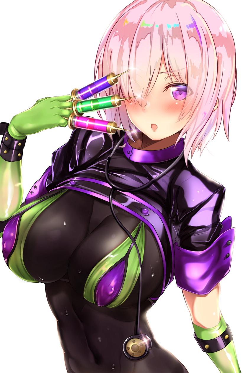 :o between_fingers bikini black_bodysuit blush bodysuit breasts cosplay covered_navel covered_nipples eyebrows_visible_through_hair eyes_visible_through_hair fate/grand_order fate_(series) florence_nightingale_(fate/grand_order) florence_nightingale_(fate/grand_order)_(cosplay) glint gloves green_gloves hair_over_one_eye highres holding holding_syringe impossible_bodysuit impossible_clothes large_breasts layered_bikini looking_at_viewer mash_kyrielight open_mouth pink_hair purple_eyes shiny shiny_clothes shiny_hair short_hair short_sleeves shrug_(clothing) solo stethoscope swimsuit syringe trick_or_treatment untsue upper_body wet wet_clothes white_background