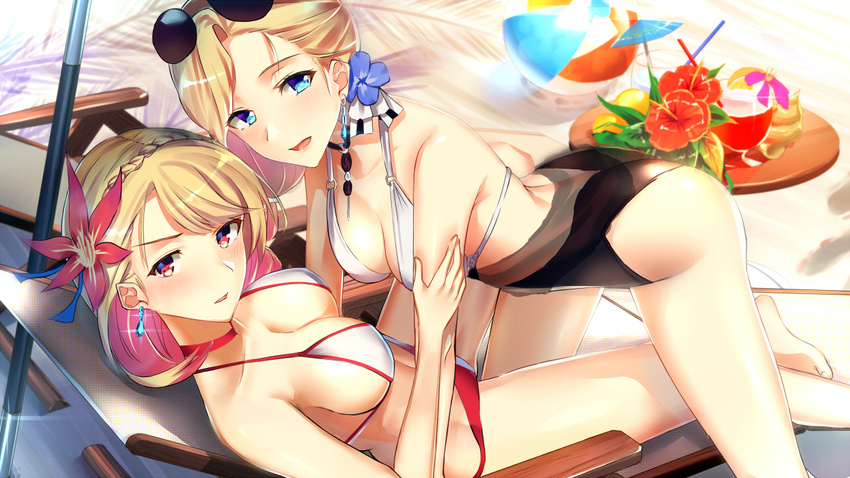 alternate_costume armpits azur_lane ball bangs barefoot beach beachball bikini blonde_hair blue_eyes blush braid breasts chair choker cleavage collarbone commentary_request crown_braid cup drink drinking_glass drinking_straw earrings eyewear_on_head flower french_braid hair_ornament hand_on_another's_arm hibiscus hood_(azur_lane) jewelry large_breasts long_hair looking_at_viewer multicolored multicolored_bikini multicolored_clothes multiple_girls o-ring open_mouth prince_of_wales_(azur_lane) red_eyes shiny shiny_skin short_hair smile sunglasses swept_bangs swimsuit table tareme thighs umbrella youki_yt