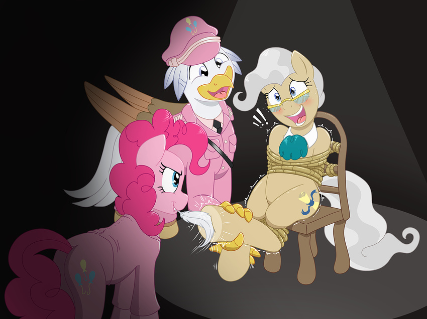 2018 avian bdsm blush bondage bound caroo chair clothing equine eyewear fan_character friendship_is_magic glasses gryphon horse mammal mayor_mare_(mlp) my_little_pony pinkie_pie_(mlp) pony silver_quill_(oc) tickle_fetcish tickle_torture tickling uniform