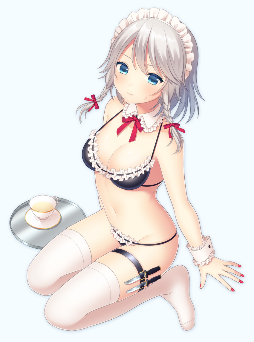 bare_arms bare_shoulders bikini black_bikini blue_background blue_eyes braid breasts cleavage closed_mouth commentary_request cup detached_collar full_body hair_ribbon highres holster izayoi_sakuya knife looking_at_viewer maid_headdress medium_breasts nail_polish navel no_shoes red_nails red_ribbon ribbon ribbon-trimmed_bikini ribbon_trim saucer silver_hair simple_background sitting skindentation solo sweatdrop swimsuit tea teacup thigh_holster thighhighs touhou tray twin_braids white_legwear wrist_cuffs yamayu