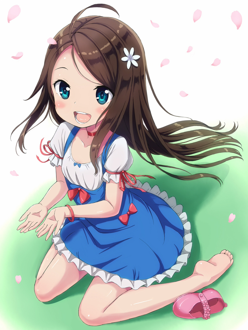 :d ahoge bangs barefoot blue_dress blue_eyes blush bow bracelet brown_hair choker collarbone commentary_request dress flower frilled_dress frills hair_flower hair_ornament highres jewelry kimagure_blue long_hair looking_at_viewer open_mouth original petals pink_footwear puffy_short_sleeves puffy_sleeves red_bow red_choker shirt shoes_removed short_sleeves sidelocks sitting smile soles solo swept_bangs upper_teeth very_long_hair wariza white_flower white_shirt