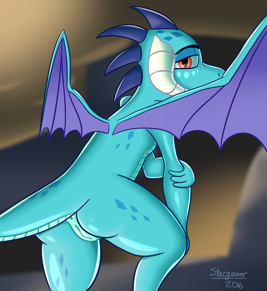 2016 anus butt cyan_scales dragon female feral friendship_is_magic hi_res horn looking_at_viewer looking_back membranous_wings my_little_pony princess_ember_(mlp) pussy red_eyes scales scalie solo spade_tail spread_wings stargazer wings