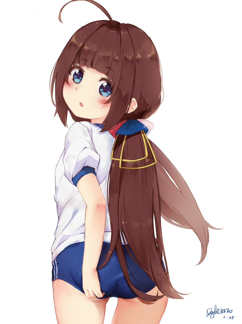 absurdres adjusting_buruma adjusting_clothes ass bangs blue_buruma blue_eyes blush brown_hair buruma cameltoe commentary_request cowboy_shot dated dgle3370 eyebrows_visible_through_hair from_behind gym_shirt gym_uniform head_tilt highres hinatsuru_ai long_hair looking_at_viewer looking_back low_twintails md5_mismatch parted_lips revision ryuuou_no_oshigoto! shirt short_sleeves signature simple_background solo twintails very_long_hair white_background white_shirt
