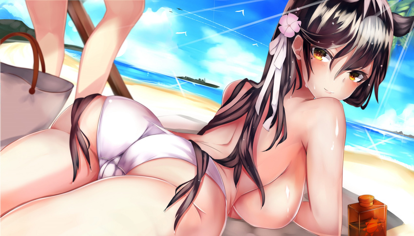 aircraft airplane alternate_costume animal_ears ass atago_(azur_lane) azur_lane bag bangs beach bikini bikini_top_removed bird black_hair blue_sky blurry blush breasts brown_eyes bucket closed_mouth cloud commentary_request crotch day depth_of_field eyebrows_visible_through_hair flower from_behind hair_between_eyes hair_flower hair_ornament hair_ribbon highres large_breasts long_hair looking_at_viewer looking_back lotion lying mole mole_under_eye mountain multiple_girls ocean on_stomach palm_leaf ribbon sand ship sidelocks sky smile smoke_trail sparkle sunscreen swimsuit tea_texiamato thighs topless umbrella watercraft wet wet_hair white_bikini