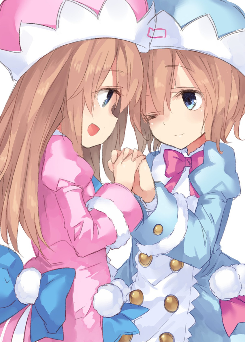 :d ;) blancpig_yryr blue_eyes blue_jacket blue_neckwear blue_ribbon brown_hair double-breasted hat highres interlocked_fingers jacket long_hair looking_at_another multiple_girls neptune_(series) one_eye_closed open_mouth pink_jacket pink_neckwear pink_ribbon ram_(choujigen_game_neptune) ribbon rom_(choujigen_game_neptune) short_hair siblings simple_background sisters smile twins white_background