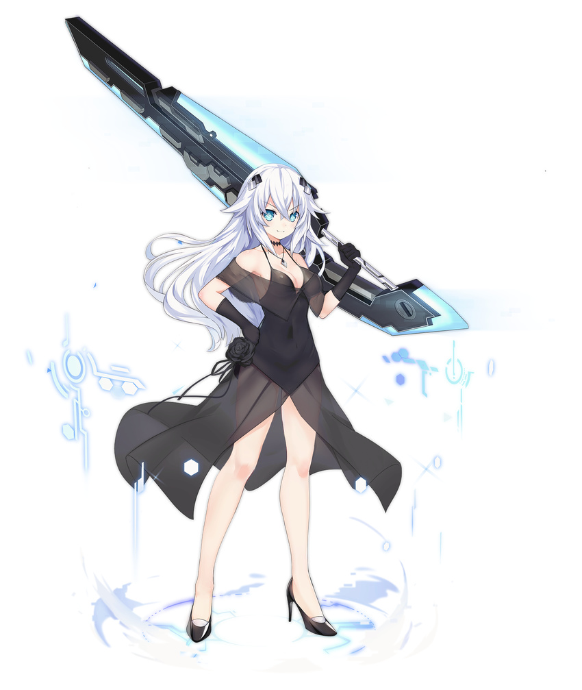 &gt;:) azur_lane bangs bare_shoulders black_choker black_dress black_flower black_footwear black_gloves black_heart black_rose blue_eyes breasts bright_pupils choker cleavage collarbone covered_navel crossed_bangs dot_nose dress dress_lift flower full_body gloves hair_between_eyes hair_flaps hair_ornament hand_on_hip high_heels highres holding holding_sword holding_weapon jewelry legs legs_apart long_hair medium_breasts necklace neptune_(series) no_bra off_shoulder official_art over_shoulder power_symbol rose see-through shoes solo standing sword symbol-shaped_pupils tachi-e transparent_background tsunako v-shaped_eyebrows weapon weapon_over_shoulder white_hair white_pupils wind wind_lift