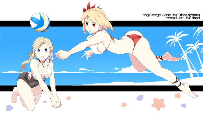 :o ass azur_lane back ball bangs bare_arms bare_legs bare_shoulders barefoot beach beach_volleyball beachball bikini black_choker blonde_hair blue_eyes blue_sky bouncing_breasts braid breasts casual_one-piece_swimsuit character_name choker cleavage cloud coconut coconut_tree collarbone covered_navel crown_braid day diamond_(shape) dimples_of_venus earrings eyebrows eyebrows_visible_through_hair flower full_body hair_between_eyes hair_flower hair_ornament hands_together hood_(azur_lane) jewelry large_breasts leaning_forward lifebuoy long_hair low_ponytail midair mismatched_bikini multicolored multicolored_bikini multicolored_clothes multicolored_swimsuit multiple_girls ocean one-piece_swimsuit open_mouth orange_eyes outside_border outstretched_arm own_hands_together palm_tree prince_of_wales_(azur_lane) red_ribbon ribbon seashell shell short_hair sideboob single_braid single_earring single_hair_intake skin_tight skindentation sky souji star swimsuit tareme thigh_strap tree v-shaped_eyebrows v_arms water