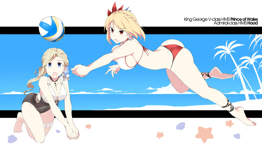 :o ass azur_lane back ball bare_legs barefoot beach_volleyball bikini black_choker blonde_hair blue_sky bouncing_breasts braid breasts casual_one-piece_swimsuit character_name choker cleavage collarbone covered_navel crown_braid day dimples_of_venus earrings flower french_braid full_body hair_flower hair_ornament highres hood_(azur_lane) jewelry kneeling large_breasts leaning_forward long_hair low_ponytail md5_mismatch midair mismatched_bikini multicolored multicolored_bikini multicolored_clothes multicolored_swimsuit multiple_girls one-piece_swimsuit open_mouth outside_border outstretched_arm own_hands_together palm_tree pendant prince_of_wales_(azur_lane) red_bikini_bottom red_eyes red_ribbon ribbon seashell shell short_hair sideboob single_braid single_earring single_hair_intake skin_tight sky souji star swimsuit tareme thigh_strap tree v-shaped_eyebrows v_arms white_bikini_top