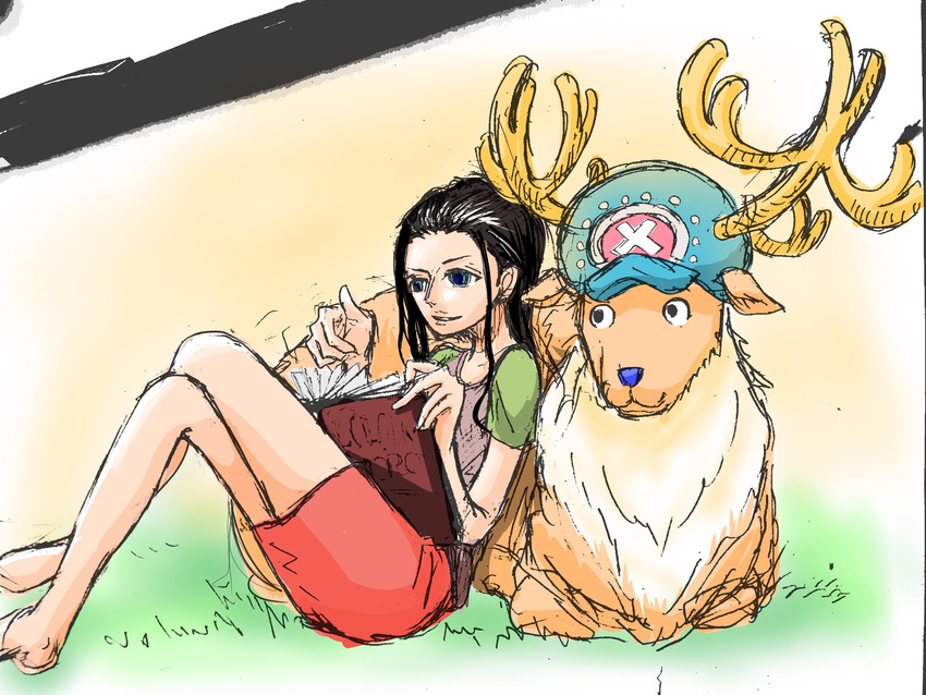 ass black_hair book female flower_necklace hips long_hair looking_at_each_other nico_robin one_piece ponytail reading reindeer sitting sitting_on_lap together tony_tony_chopper